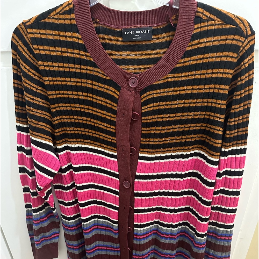 NEW Lane Bryant long, ribbed, multi color cardigan (mid thigh). Sz 26/28